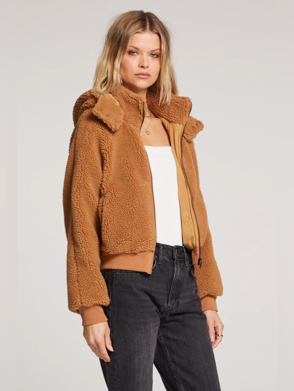 Anthropologie Porridge teddy fuzzy bomber jacket brown